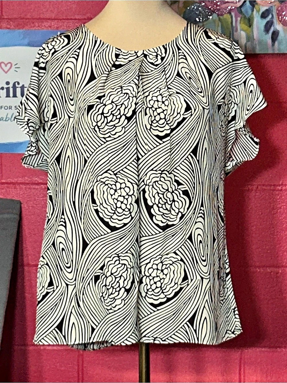 Talbots Ruffle-Sleeve Top - Swirling Floral Swirling Floral Blouse Black & White